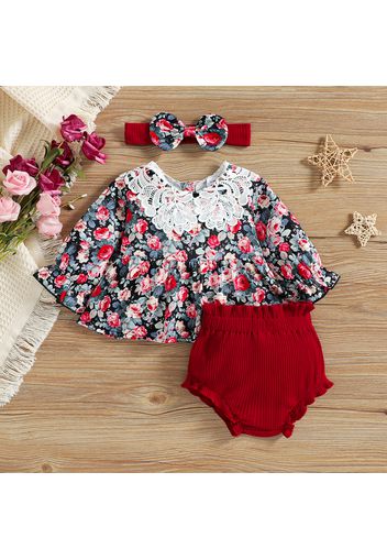 3pcs Baby Girl Floral Print Long-sleeve Lace Collar Top and Solid Ribbed Frill Shorts with Headband Set