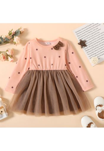 Toddler Girl Polka dots Mesh Splice Long-sleeve Dress