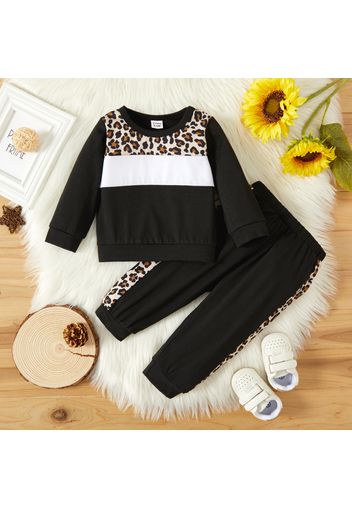 2pcs Baby Girl Leopard Splicing Color Block Long-sleeve Sweatshirts and Trousers Set