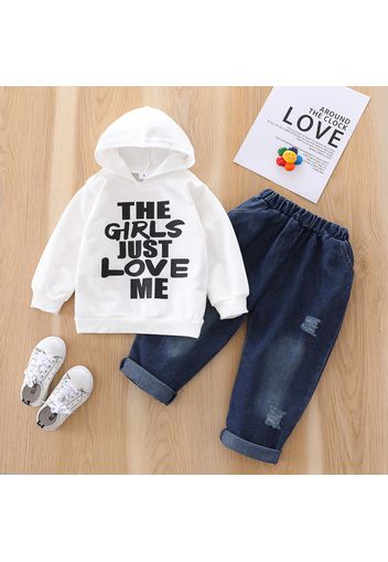 2-piece Toddler Boy Letter Print Hoodie Sweatshirt and Ripped Denim Jeans Set