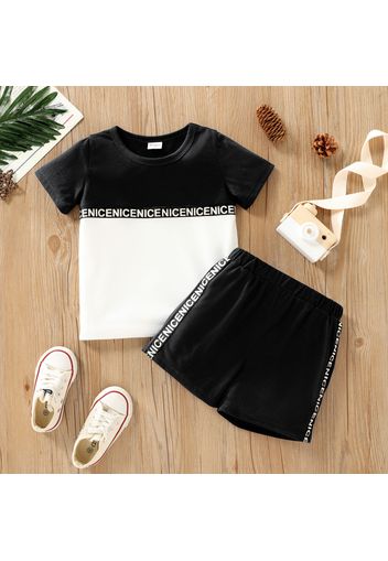 2-piece Toddler Boy Letter Print Colorblock Tee and Elasticized Shorts Set