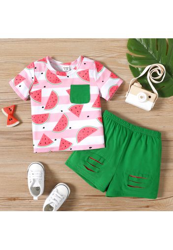 2pcs Baby Boy All Over Watermelon Print Short-sleeve Tee and Ripped Shorts Set