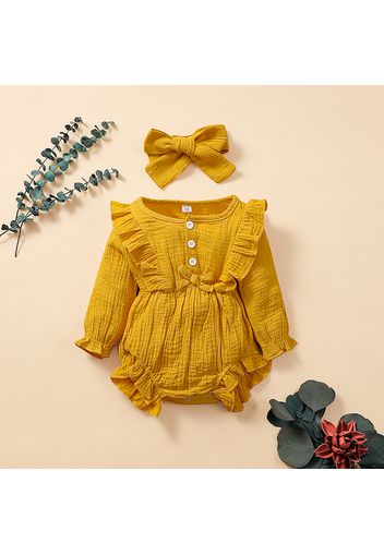 Crepe 2pcs Ruffle and Bow Decor Long-sleeve Baby Set