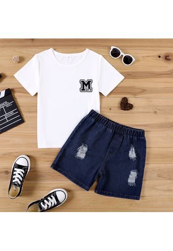 2-piece Kid Boy Letter Print Short-sleeve Tee and Ripped Denim Shorts Set