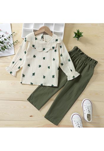 2-piece Toddler Girl Doll Collar Cactus Print Long-sleeve Top and Paperbag Pants Set