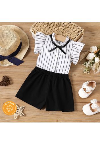 100% Cotton 2pcs Baby Girl Striped Flutter-sleeve Button Front Top and Solid Shorts Set