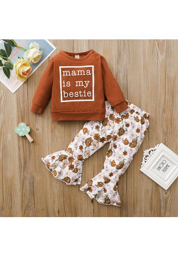 2-piece Toddler Girl Letter Print Pullover Sweatshirt and Floral Print Flared Pants Set