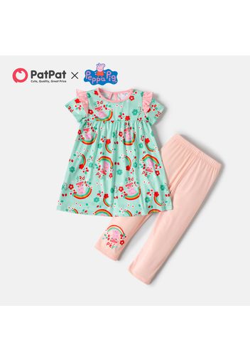 Peppa Pig 2pcs Toddler Girl Rainbow Floral Print Ruffled Short-sleeve Tee and Elasticized Pink Pants Set