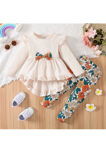 2pcs Toddler Girl Bowknot Design Ruffled High Low Long-sleeve Tee and Floral Print Leggings Set