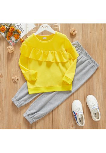 2-piece Kid Girl Ruffled Yellow Pullover Sweatshirt and Elasticized Gray Pants Set