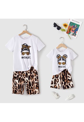 Mommy and Me Figure & Letter Print Short-sleeve T-shirts with Leopard Shorts Matching Sets