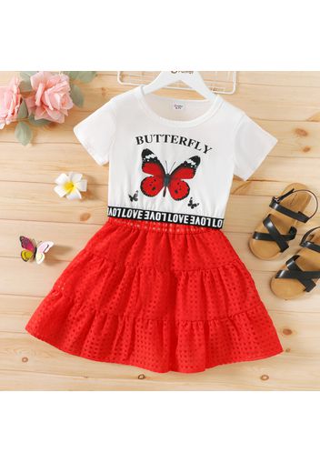 2pcs Kid Girl Letter Butterfly Print Short-sleeve Tee and Hollow out Red Skirt Set