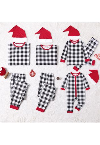 Christmas Black and White Plaid Family Matching Long-sleeve Pajamas Sets Within Hats (Flame Resistant)