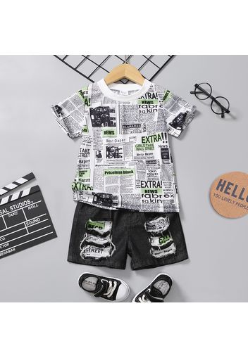 2pcs Toddler Boy Trendy Ripped Denim Shorts & Newspaper Print Tee Set