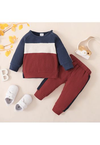 2pcs Baby Boy/Girl Color Block Waffle Long-sleeve Sweatshirt and Track Pants Set