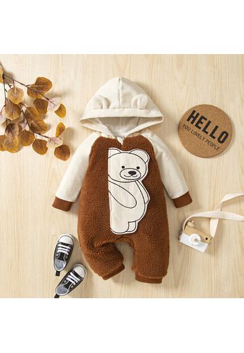 Baby Boy/Girl Bear Pattern Spliced 3D Ears Decor Hooded Long-sleeve Fleece Jumpsuit