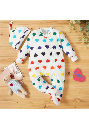 2pcs Baby Girl Colorful Love Heart Print Long-sleeve Footed Jumpsuit with Hat Set