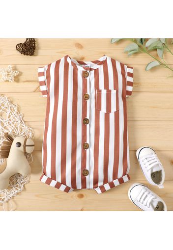 Baby Boy 100% Cotton Solid/Striped Button Up Cap-sleeve Romper