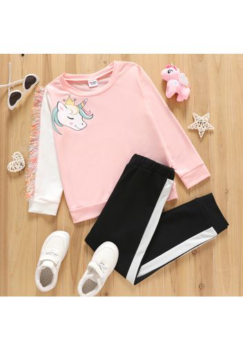 2-piece Kid Girl Unicorn Print Tassel Design Pink Sweatshirt and Colorblock Pants Set