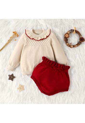 2pcs Baby Solid Long-sleeve Ruffle Knitted Sweater Pullover and Shorts Set