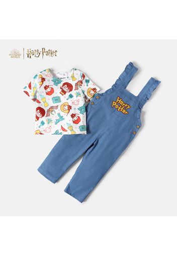 Harry Potter 2pcs Toddler Girl Allover Print Short-sleeve Tee and Ruffled Letter Print 100% Cotton Denim Overalls Set