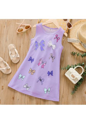 Kid Girl Bowknot Print Mesh Design Sleeveless Purple Dress