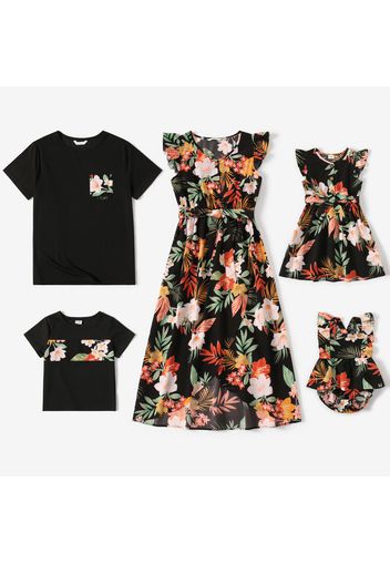 Family Matching All Over Floral Print Black V Neck Flutter-sleeve Button Up Dresses and Splicing Short-sleeve T-shirts Sets