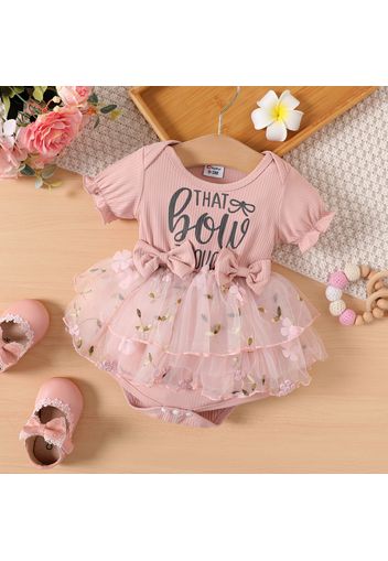 Baby Girl Rib Knit Short-sleeve Letter Print Spliced Layered Embroidered Mesh Romper