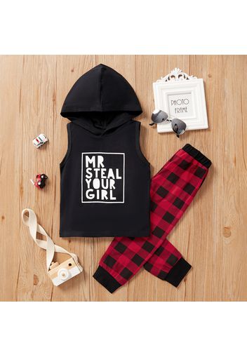 2-piece Baby / Toddler Trendy Sporty Letter Sleeveless Hoodies and Plaid Pants Set