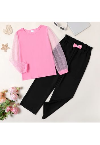 2-piece Kid Girl Polka dots Mesh Long-sleeve Tee and Bowknot Design Paperbag Black Straight Pants Set