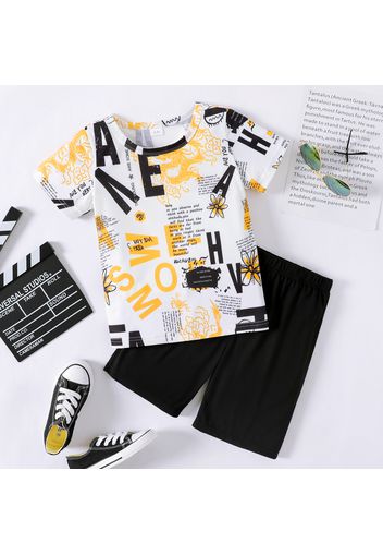 2pcs Kid Boy Letter Print Short-sleeve Tee and Elasticized Black Shorts Set