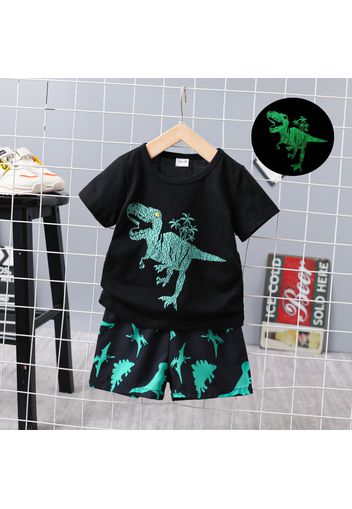 2pcs Baby Boy Glow In The Dark Dinosaur Print Short-sleeve T-shirt and Shorts Set