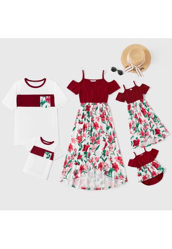 Floral Print Splice Family Matching Red Sets