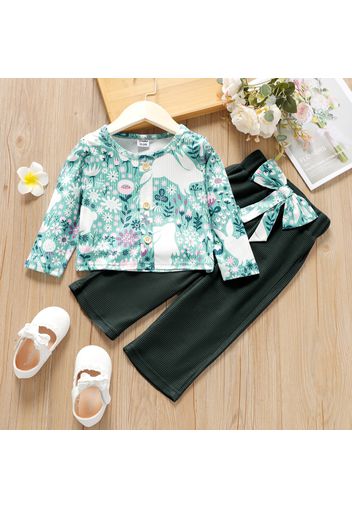 2-piece Toddler Girl Floral Rabbit Print Button Design Long-sleeve Tee and Bowknot Design Green Waffle Pants Set