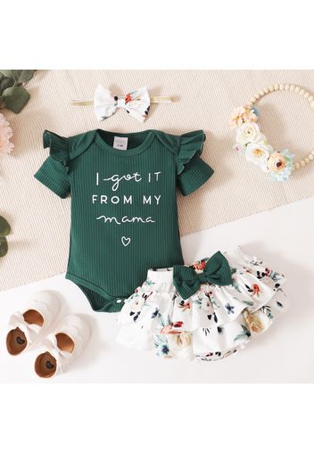 Ribbed 3pcs Letter Embroidery and Floral Print Short-sleeve Baby Set