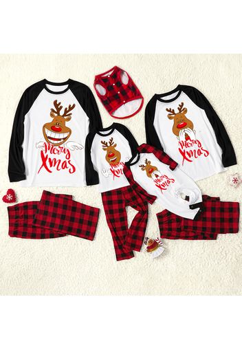 Christmas Cartoon Reindeer and Letter Print Family Matching Raglan Long-sleeve Plaid Pajamas Sets (Flame Resistant)