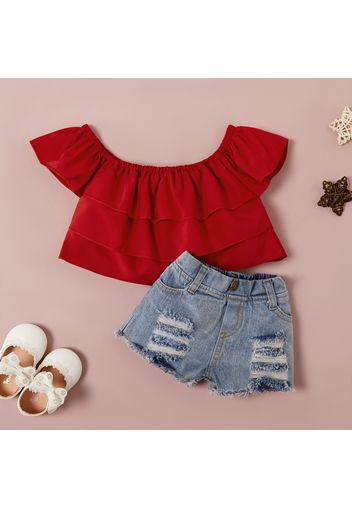 2pcs Solid and Denim Flutter-sleeve Red Baby Set