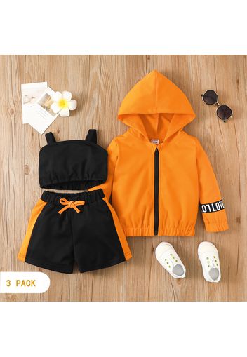 3-Pack Toddler Girl Black Camisole & Colorblock Shorts and Hooded Jacket Set