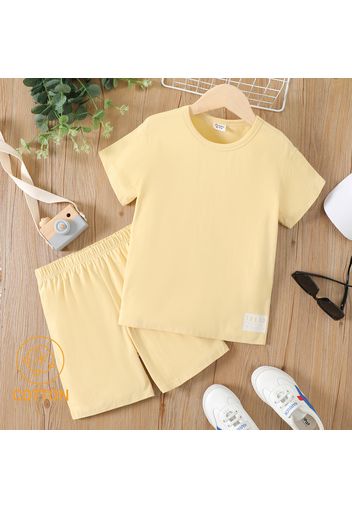 2pcs Kid Boy Solid Color Letter Print Short-sleeve 95% Cotton Tee and Elasticized Shorts Set