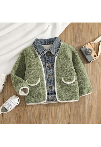 Baby Boy Lapel Collar Button Design Denim Fuzzy Splice Jacket