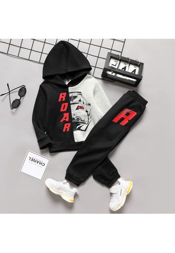 2-piece Toddler Boy Letter Vehicle Print Colorblock Hoodie Sweatshirt and Black Pants Set