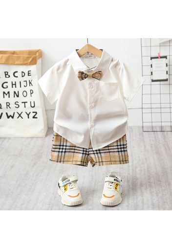 2pcs Toddler Boy Casual White Shirt and Plaid Shorts Set