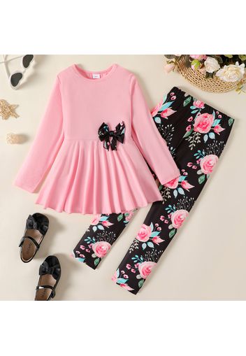 2pcs Kid Girl Bowknot Design Long-sleeve Tee and Floral Print Leggings Set