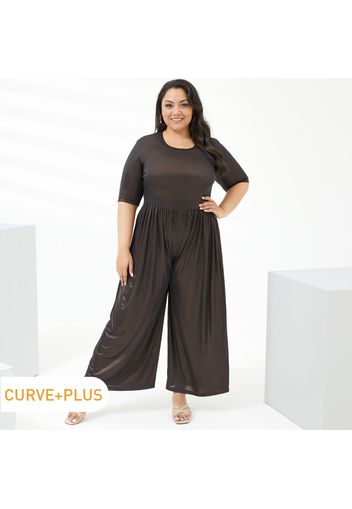 Women Plus Size Casual Metallic Round-collar Short-sleeve Black Jumpsuit