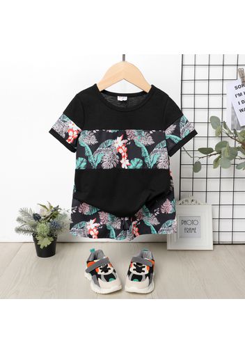 2pcs Toddler Boy Floral Print Colorblock Short-sleeve Tee and Elasticized Shorts Set