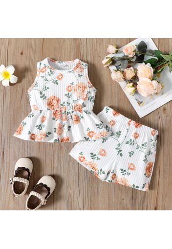 2pcs Toddler Girl Floral Print Ribbed Sleeveless Peplum Tee and Shorts Set