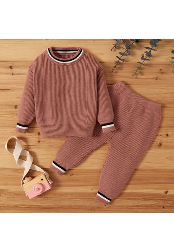 100% Cotton 2pcs Solid Stripe Decor Knitted Long-sleeve Baby Set