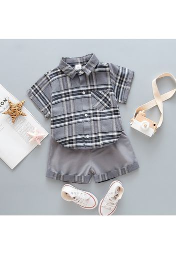 2pcs Toddler Boy Casual Plaid 100% Cotton Shirt & Splice Shorts Set