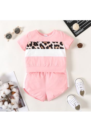 2pcs Baby Girl 95% Cotton Short-sleeve Leopard Colorblock T-shirt and Shorts Set