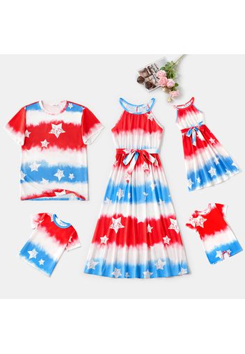 Independence Day Family Matching All Over Stars Print Tie Dye Halter Neck Dresses and Short-sleeve T-shirts Sets